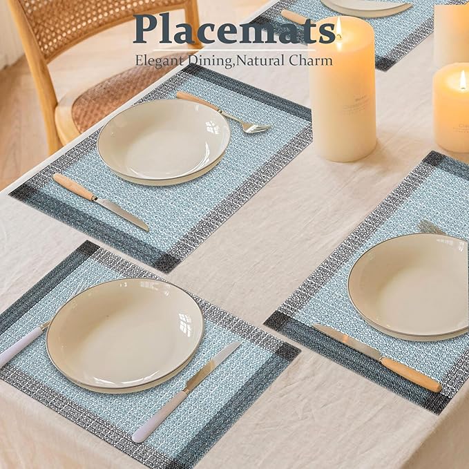 Bloss Blue Grey Ethnic Boho Placemats Set of 4-12x18Inch Table Mats Washable Heat-Resistant Place Mats for Dining Table, Easy to Clean Boho Farmhouse Placemats for Holiday Party Dining Table Decor