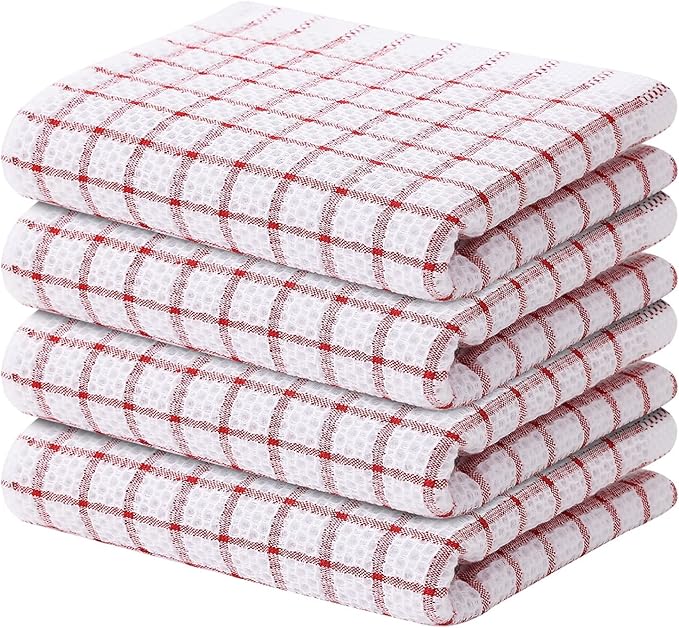 Homaxy 100% Cotton Kitchen Towels 4 Pack-15 X 25 Inches, Check Design Waffle Weave Hand Tea Towels, Super Soft and Absorbent Dish Towel for Drying Dishes, Red