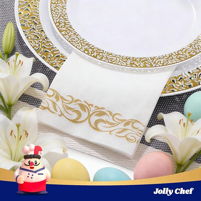 200 Disposable Hand Towels Soft and Absorbent Linen Feel Dinner Napkin Durable Decorative Bathroom Hand Napkins Good for Kitchen, Thanksgiving, Parties, Weddings, Dinners or Events White and Gold