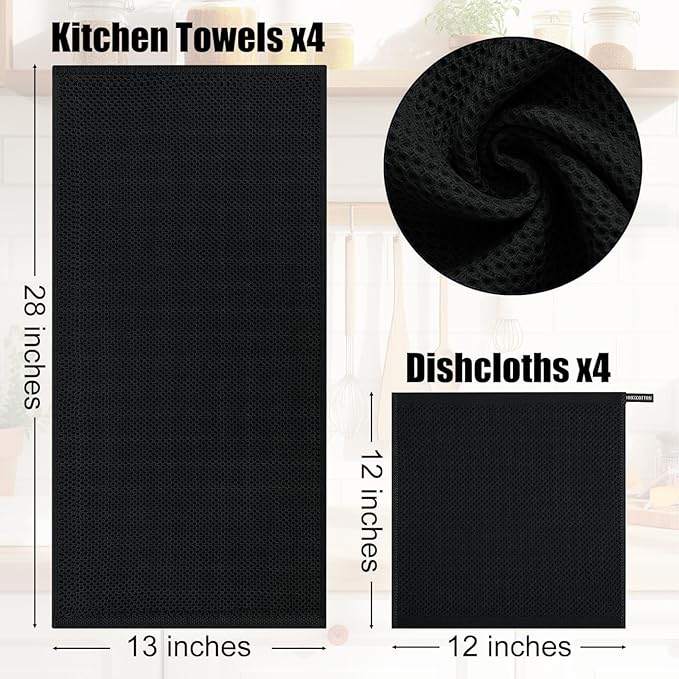 Kitinjoy 100% Cotton Kitchen Towels and Dishcloths Set, 8 Pack-13" x 28" and 12" x 12" Waffle Weave Dish Towels, Ultra Soft Absorbent Quick Drying Dish Rags, Black