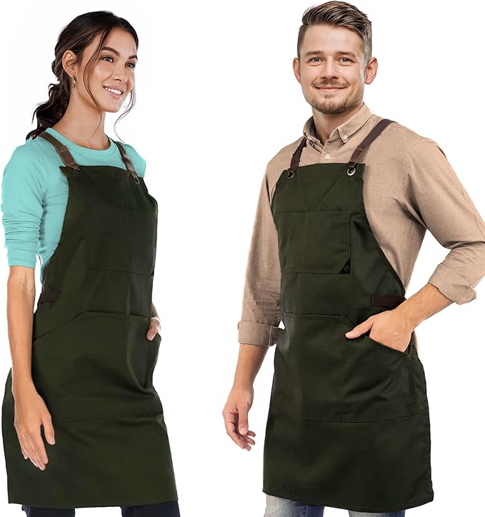 Under NY Sky Essential Army Green Apron – Cross-Back with Durable Twill and Leather Reinforcement – Adjustable for Men and Women – Pro Chef, Tattoo Artist, Baker, Barista, Bartender, Server Aprons