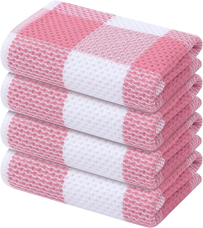 Mordimy 100% Cotton Waffle Weave Kitchen Towels, 13 x 28 Inches, Super Soft and Absorbent Buffalo Check Dish Towels for Drying Dishes, 4-Pack, Pink