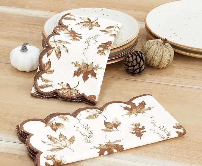 PurpleEssences Scalloped Embroidery Cloth Napkins - Spring Easter Summer - Table Decor - 100% Cotton - Set of 4-18x18 inch - Aurelia(Edges - Rust)