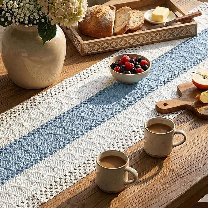 Artoid Mode Sky Blue Farmhouse Rustic Table Runner, Seasonal Holiday Hollow Kitchen Dining Table Decoration for Home Party Decor 12x108 Inch