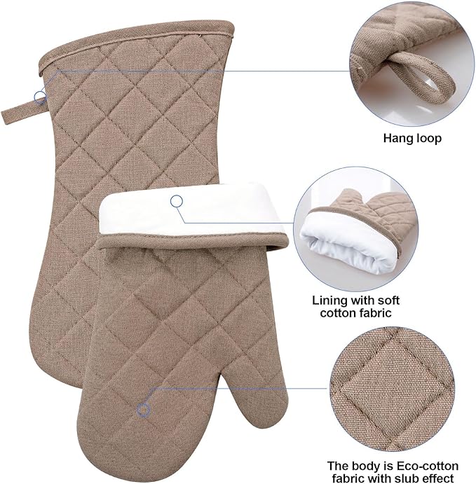 Oven Mitts and Pot Holders with Cooking Apron Set of 5, Heat Resistant Kitchen Gloves and Silicone Non-Slip Potholders, Adjustable Neck Buckle Chef Apron, Cotton Nice Design for Cooking (Coffee)