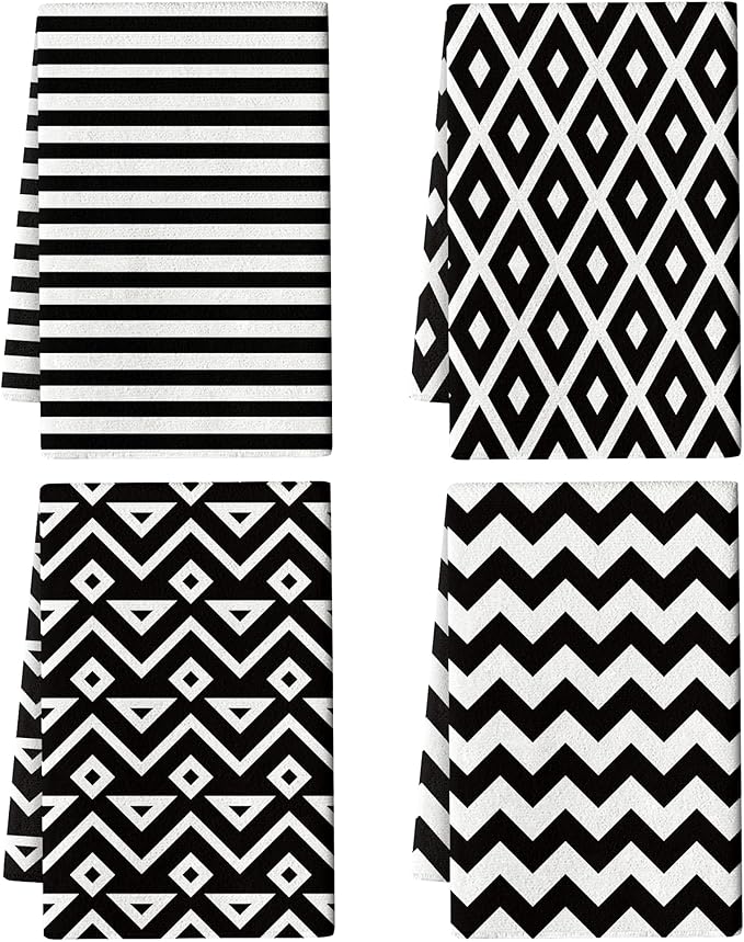 White Black Kitchen Towels Decorative Set of 4, Soft Absorbent Abstract Modern Dish Towels for Drying Dishes, Hand Drying Baking Cooking Cloth for Kitchen Bathroom Farmhouse Home Decor