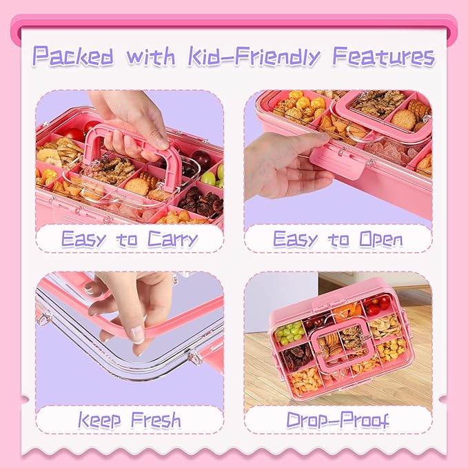 Xyptorix Snack Box Container for Kids - Adjustable 12-Compartment Snack Containers, Reusable Bento Box, Dishwasher Safe, BPA-Free, Perfect for School, Travel, Camping & Picnic, Pink, Large