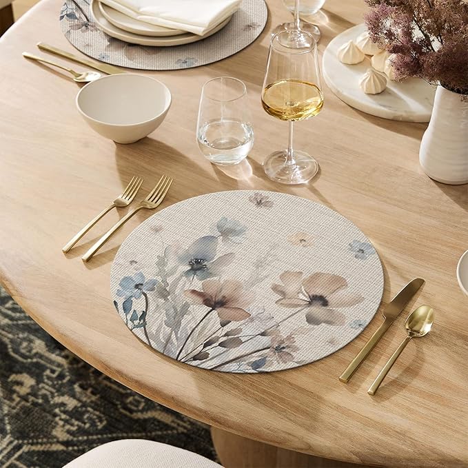 Artoid Mode Brown Poppy Floral Round Placemats Set of 4, 14 Inch Washable Non-Slip Plastic Woven Plastic PVC Place Mats for Farmhouse Party Dining Decor