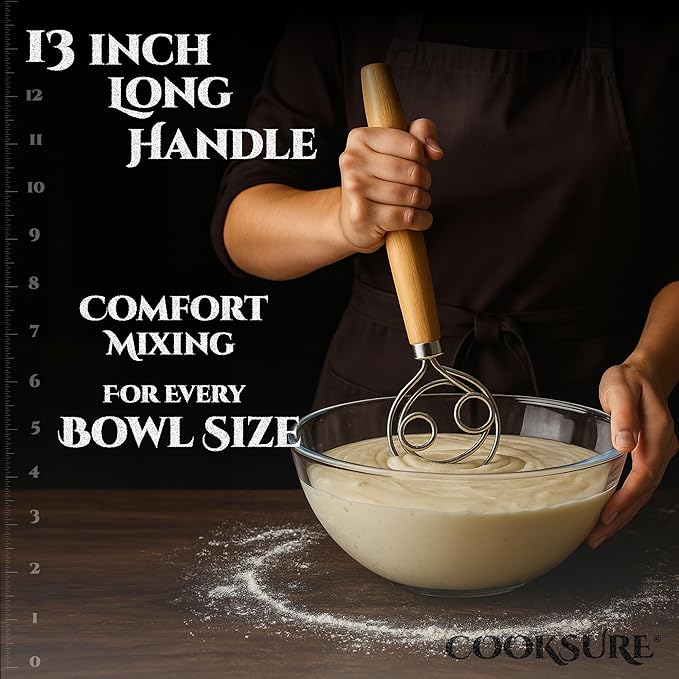 Danish Dough Whisk for Sourdough Bread – 13 Inch Bread Whisk with Wooden Handle – 304 Stainless Steel Hook for Heavy Dough Baking, Swedish Dough Whisk Tool