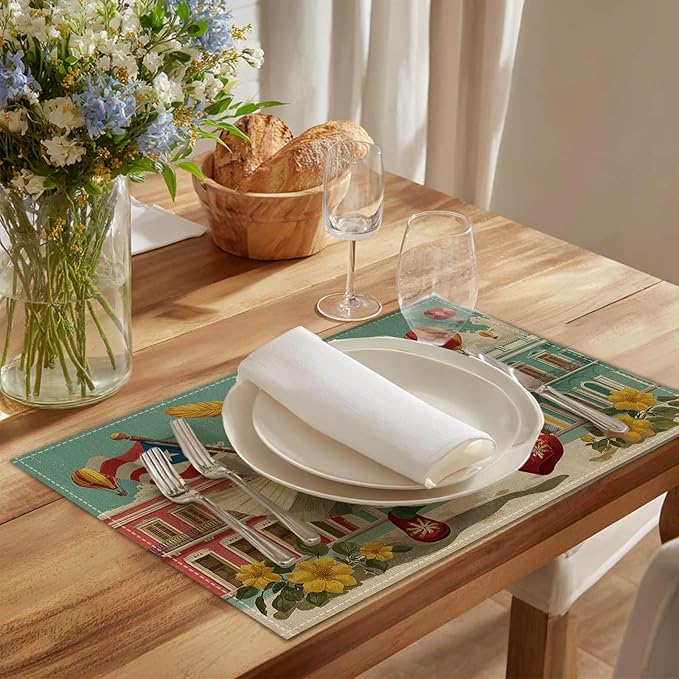 HOMETITUTE Colorful Placemats Set of 4 Linen 12x18 Inch Washable Table Mats Fun Frog Playing Guitar Design Decorative Dining Table Placemats Set of 4 Farmhouse Kitchen Holiday and Everyday Use