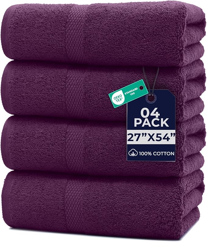 DAN RIVER Bath Towels Set of 4, 27 x 54 Inches, 100% Cotton, Larger & Lighter Weight, Quicker to Dry, Super Soft and Absorbent, Ideal Quick Dry Bath Towel for Daily Use, Purple