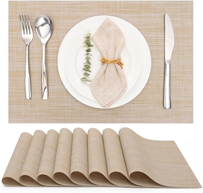 Myir JUN Placemats Set of 8, Vinyl Woven Placemats Place Mats Indoor Set of 8 Washable Table Mats Non-Slip Place mats for Dining Table (A-Beige, Set of 8)