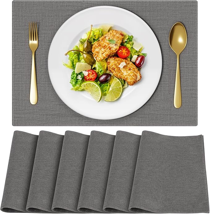 Cloth Placemats, Set of 6 Heat-Resistant Cotton Linen Blend Double Layered Machine Washable Place Mats, Wrinkle Free Thick Fabric Dining Table Mats for Indoors & Outdoors (Dark Grey, 6)