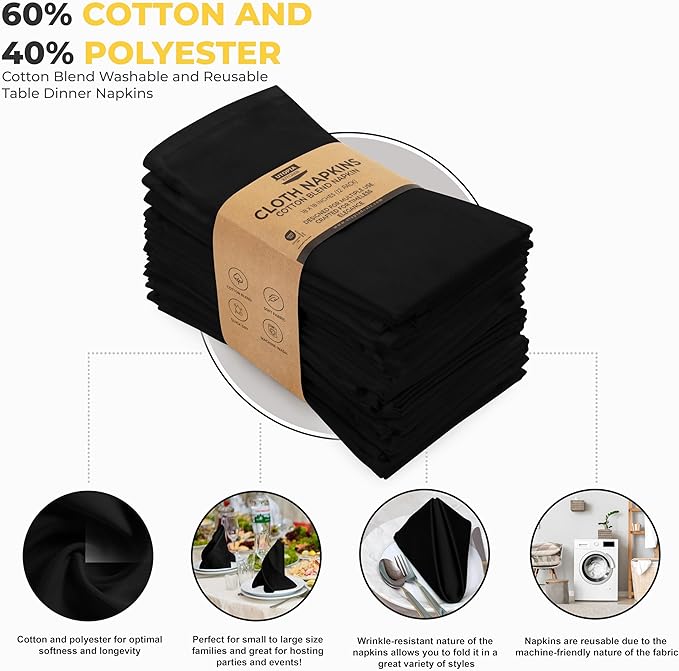 Utopia Kitchen Black Cloth Napkins [12 Pack, 18x18 Inch] Absorbent Cotton Blend Washable and Reusable for Dinner, Restaurant, Lunch, Wedding and Hotel