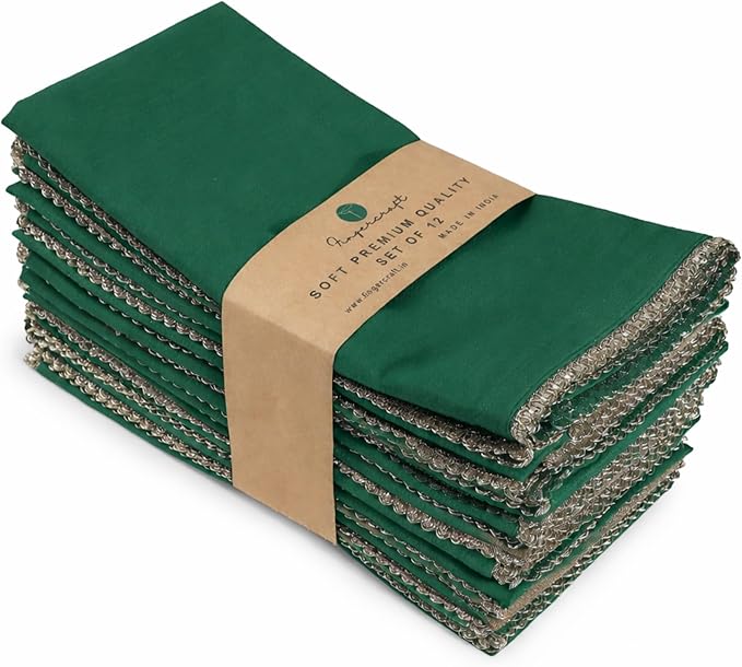 FINGERCRAFT Dinner Cloth Napkin Cotton Blend 12 Pack Mitered Corners with Elegant Golden Lace for Everyday Use Napkins are Pre Shrunk and Good Absorbency Wedding Christmas Special Color Eden Green