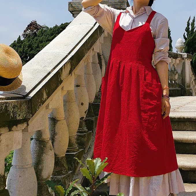 Uaussi Cotton Linen Apron Cross Back Work Apron for Women with Pockets Pinafore Dress X Cross Halter Apron for Chef Gardening
