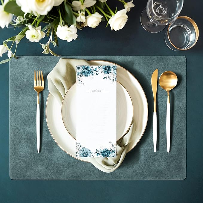 Roxifina Faux Leather Placemats Set of 8 - Vinyl Placemats Wipeable Waterproof Oil-Proof PU Place Mats Heat Resistant Reversible Table Mats for Dining, Kitchen, Outdoor, 12 x 17 Inch (Blue-Green Gray)