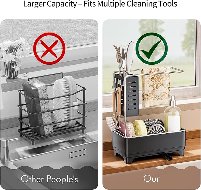 MOUKABAL Sponge Holder for Kitchen Sink, 2-Tier Sink Caddy Organizer with Drain Holes and Hooks, Holds Dishcloth, Sponge & Brushes, Kitchen Countertop Storage for New Home Essentials Black