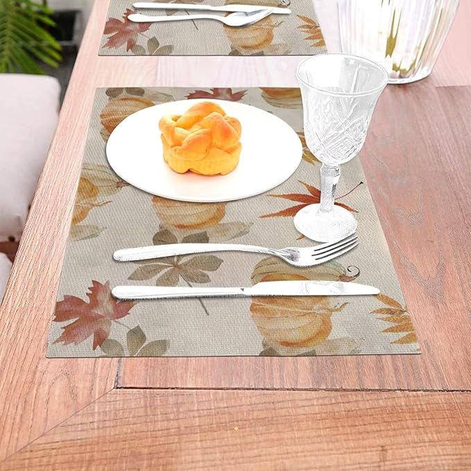 Fall Pumpkin Placemats 12x18 Inch Set of 4, Pumpkin Maple Leaf Watercolor Table Place Mat Autumn Thanksgiving Harvest Washable Table Mats Decorative Linen Fabric Table Mat for Dining Table