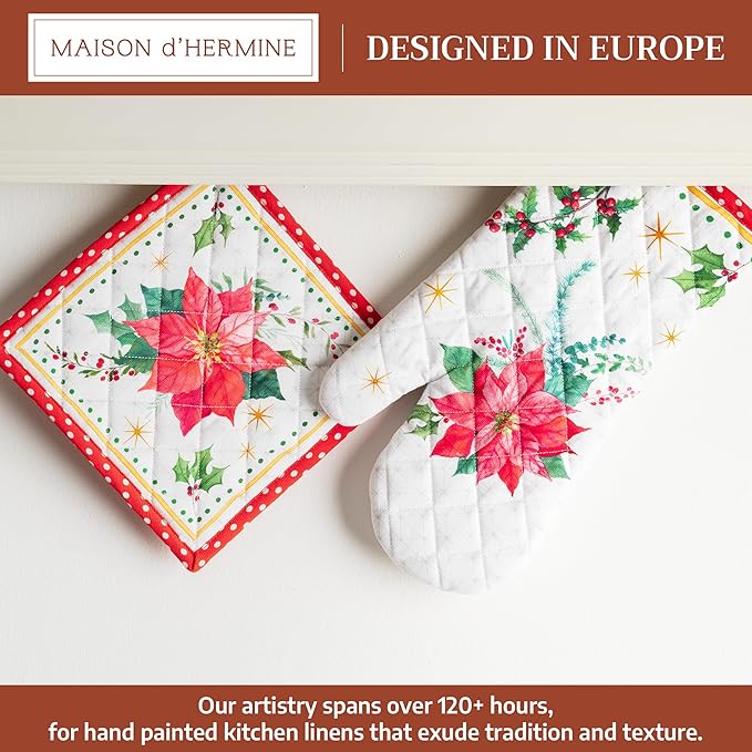 Maison d' Hermine 100% Cotton Oven Mitt & Pot Holder Set (7.5"x13" & 8"x8") Heat Resistant BBQ Cooking Gloves with Loop for Thanksgiving Christmas Decorations Handling Hot Pans (Poinsettia Christmas)