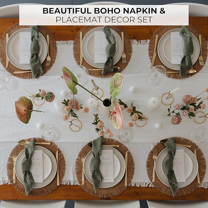 Decorative Boho Table Placemats Set of 6 with Matching Linen-Textured Napkins - Beautiful Natural Decor Elevates Your Dining Room or Kitchen Setting - Easy to Style & Mix with Linen Inspired Material