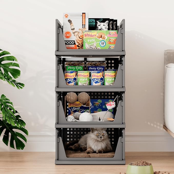 PinkPum 6 Pack Black Closet Organizers and Storage Plastic Stackable Storage Bins, Morden Foldable Drawer Shelf Storage Container for Wardrobe Kitchen Bathroom Dorm