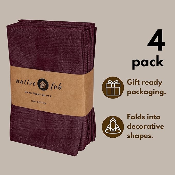 Native Fab Cloth Napkins Set of 4, 100% Cotton, Washable, Reusable Dinner Cloth Napkin 17x17 inches, Table Linen Decor for Dinner, Celebrations, Wedding, Events, Burgundy