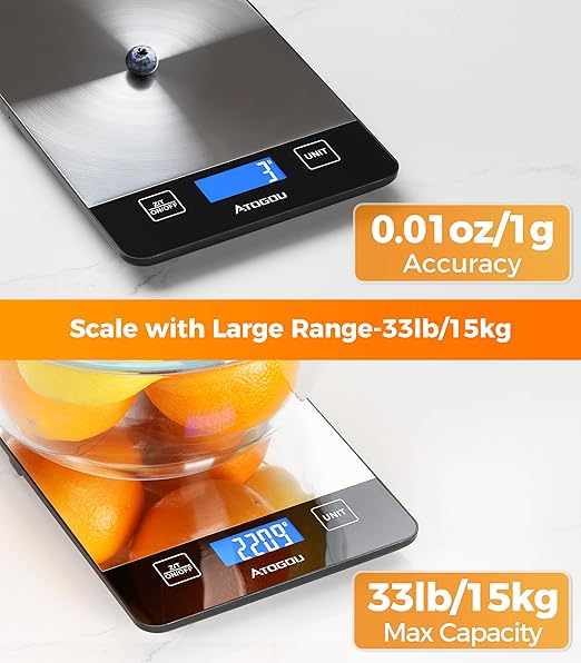 Atogou Food Scale - 33lb Digital Kitchen Scale Ounces Grams, Rechargeable & Full-View Display, Water-Resistant, Batteries or USB-C Charging, Stainless Steel, for Cooking, Meal Prep, Package (Black)