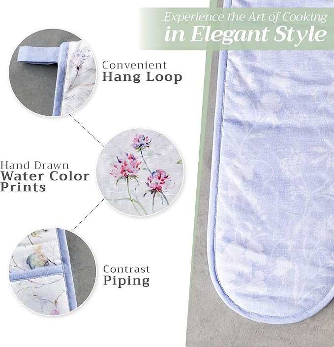 Maison d' Hermine Double Oven Mitts 100% Cotton 7"x35" Double Oven Mitt Heat Resistant BBQ Cooking Gloves with Loop Baking Grilling Gifts for Mothers Day Spring Summer (Summer Floral)