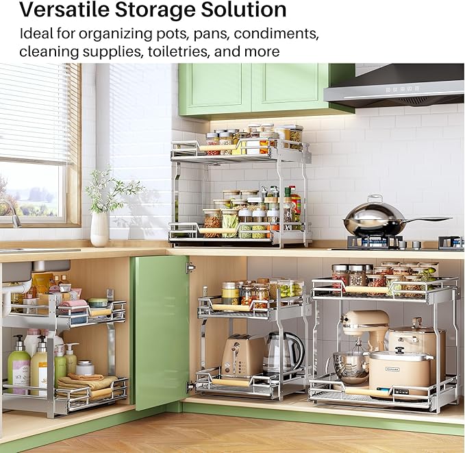 Pull out Cabinet Organizer, 2 Tiers 15"W X 21"D, Heavy Duty Smooth Sliding Under Cabinet Shelves for Pots and Pans, Full-Extension Roll out Drawers, Slide out Organization for Home Kitchen Pantry