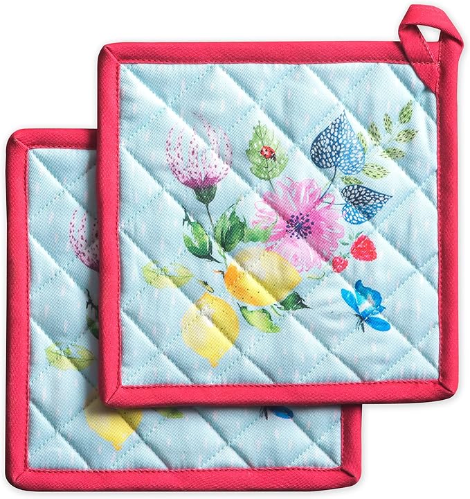 Maison d' Hermine Pot Holders 100% Cotton Heat Resistant Potholders 8" x 8" Hot Pads with Loop BBQ Cooking Gifts for Mothers Day Handling Hot Pans Spring/Summer (Pack of 2, Jardin D'Ete - Mint)