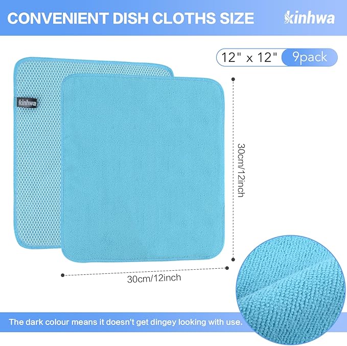 KinHwa Kitchen Washcloths for Dishes Absorbent Microfiber Dish Cloths Quick Dry Dish Rags with Poly Scour Scrub Side Ideal for Kitchen Cleaning (Mixing Colors #2, 12inchx12inch 9 Pack)