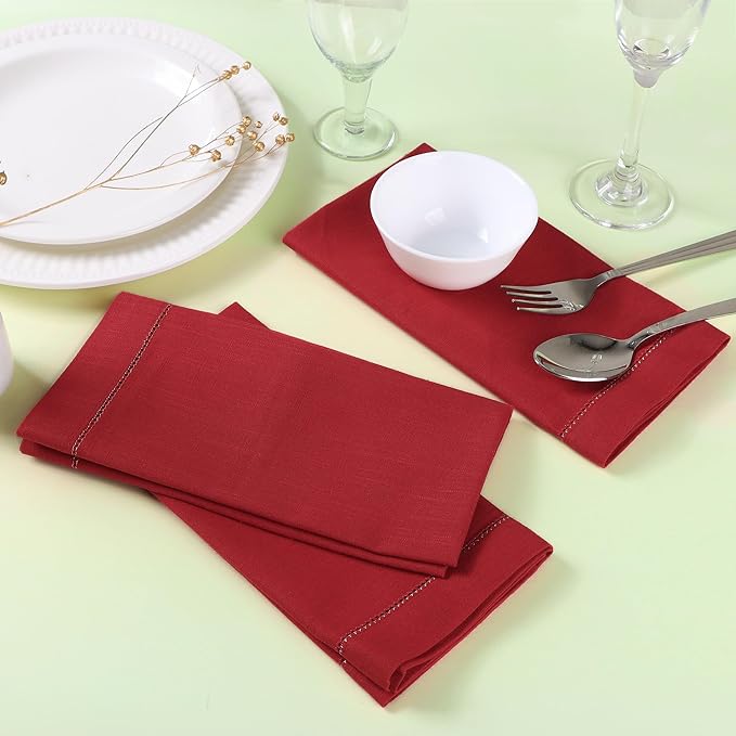 FINGERCRAFT Cloth Napkins, Hemstitch Napkins Cloth, 20x20 Inch Generous Golden Zari Picot Hem, Mitered Corner, Premium Quality Perfect for Parties Dinners Weddings Set of 12 Christmas Color Tango Red
