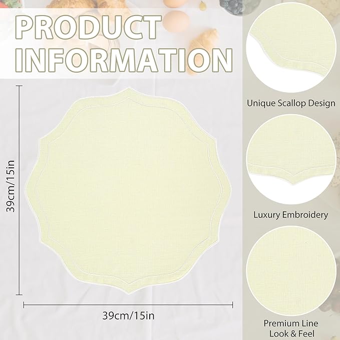 Set of 8 Cotton Linen Placemats, 15x15 Round Scalloped Cloth Table Mats, Embroidery Machine Washable, Wrinkle Resistance Fabric Place Mats for Wedding Summer Baby Shower Party Table Decor-Milky
