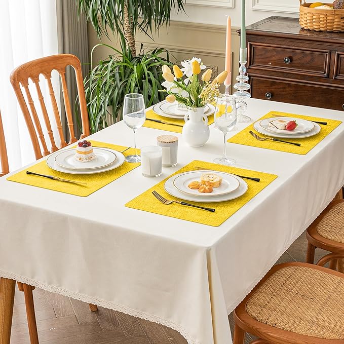 Romanstile Vinyl Placemats Set of 12-12 X 17 Inch - Faux Leather 100% Waterproof Oil-Proof Wipeable Place Mats, Heat Resistant Reversible PU Table Mats for Kitchen Dining Party Outdoor, Yellow