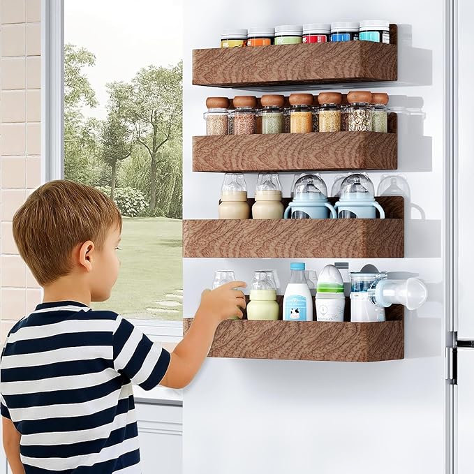 Mystozer Magnetic Spice Rack for Refrigerator, Kitchen Organizer and Storage Shelf, Wood Red (4 Pack)…