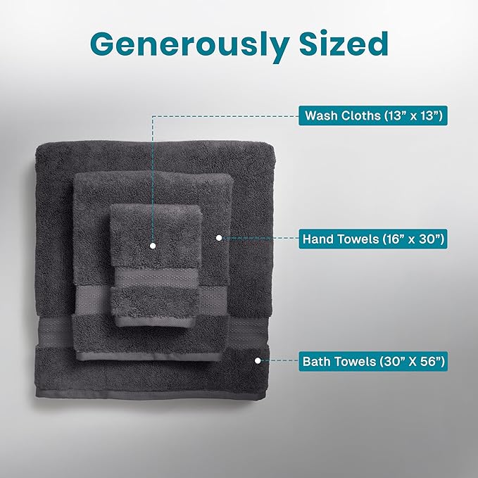 Fabdreams 100% Organic Cotton Bath Towel Set of 6 700 GSM Hotel Premium Plush Absorbent Soft Durable SkinFriendly Spa Quality Bathroom Comfort with 2 Bath 2 Hand Towel and 2 Wash Cloths Charcoal Black