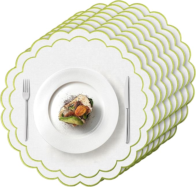 Set of 8 Cotton Linen Placemats, 15x15 Scalloped Flower Embroidery Cloth Table Mats Double Layered Fabric Machine Washable Wrinkle Free Dining Placemat for Restaurant Kitchen Decor, White with Green