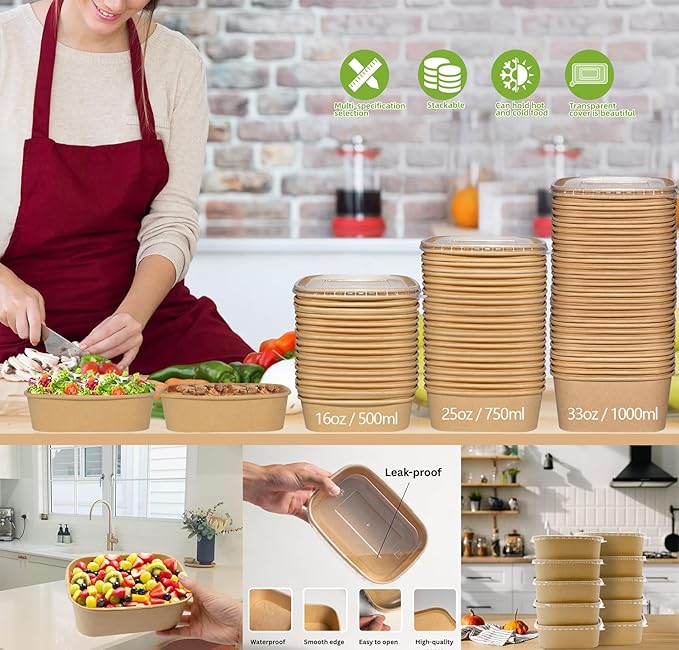 25oz Disposable Bowls with Lids, 50 Sets Large Kraft Square Paper Salad Bowls, Disposable Meal Prep Food Containers w/Lid, Microwave Serving Bowls Spillproof for Party Lunch Order Takeout