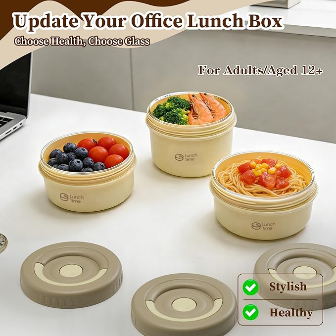 Portable Bento Box Adult Lunch Box Set, 3 Pcs Glass Lunch Container for Adults, 15 Oz+15 Oz+22 Oz Adult Lunchable Containers with Insulated Bag, Leak-Proof, Microwave Safe (Yellow (Glass Liner))
