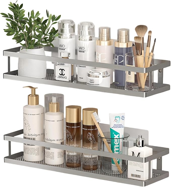 PUSDON 2-Pack 16.5" Extra Long Slim Shower Caddy, Adhesive Wall Mount Bathroom Organizer, Rustproof Open Frame Mesh Spice Rack for Kitchen, Holds 50LBS - Silver Gray, Guardrail