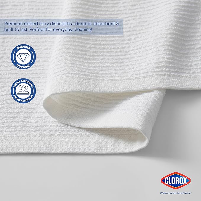CLOROX Ribbed Bar Mops - 100% Cotton Quick Dry Extra Large Dishcloths - Absorbent Multipurpose Cleaning Cloths for Restaurants, Kitchen, Bathroom, Hotel - 16" x 19" - White 12 Pack
