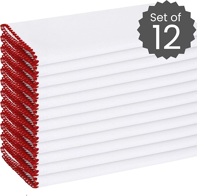 Cotton Clinic Cloth Napkins with Trim - Everyday Use Table Dinner Napkins - Soft Durable Washable - Ideal for Dinner Party Wedding Christmas Easter - Set of 12-20x20 inches Red White Napkins