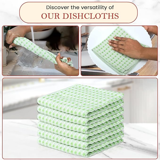 Vintage Vista 100% Cotton Dish Cloths (Pack of 6) - Dish Rags for Washing Dishes - Reusable & Highly Absorbent Kitchen Towels - Kitchen Rags fo Easter - (12" x 12" - Green Honeycomb)