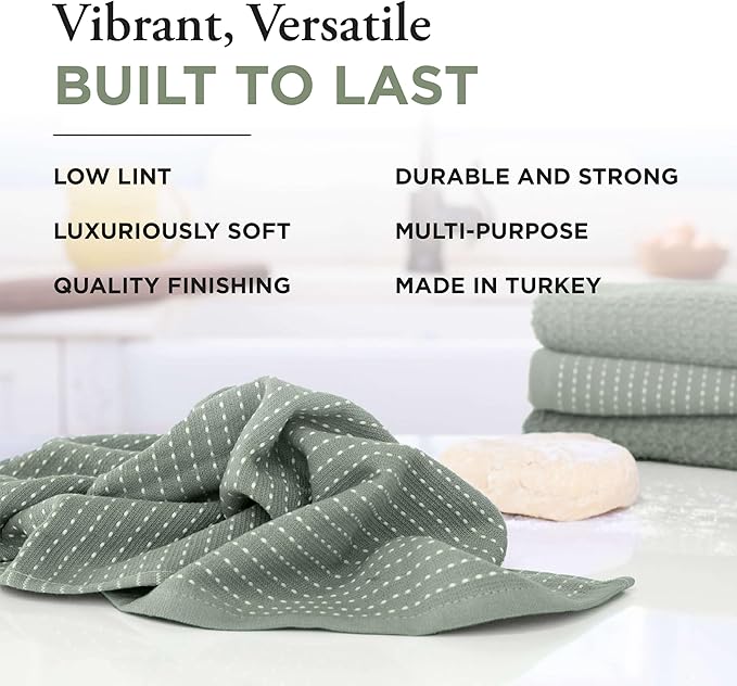 Thyme and Sage 100% Cotton Premium Turkish Kitchen Hand Towel Set, 16"x26", Ultra Absorbent, 350 GSM, Kale, Pack of 4