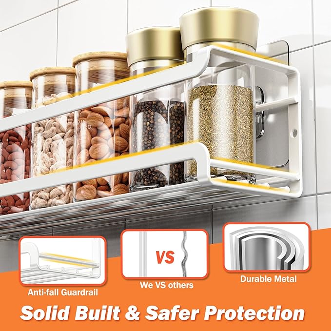 Bunoxea Spice Rack wall mounted 2 Pack, Space-Saving Spice Organizer for Spice Jars and Seasonings,Screw or Adhesive Hanging Spice Rack Organizer for Your Kitchen Cabinet,or Pantry Door,White