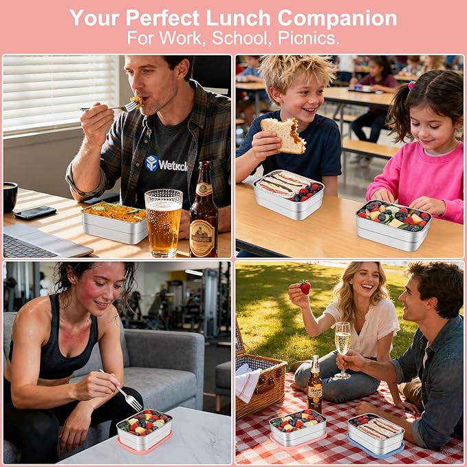 Caperci 25oz Stainless Steel Food Containers, 3-Pack Bento Lunch Box with Silicone Lids, Leak-Proof Reusable Meal Prep Container for Sandwiches & Snacks, BPA-Free (720ML)