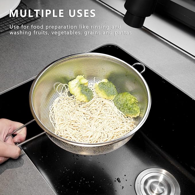 Metal Fine Mesh Strainer and Colander for Kitchen with Handle, Stainless Steel Pasta Strainer/Kitchen Funnel/Collander/Sifter for Strain/Wash Vegetables, Fruits, Spaghetti, Rice (8.6＂)