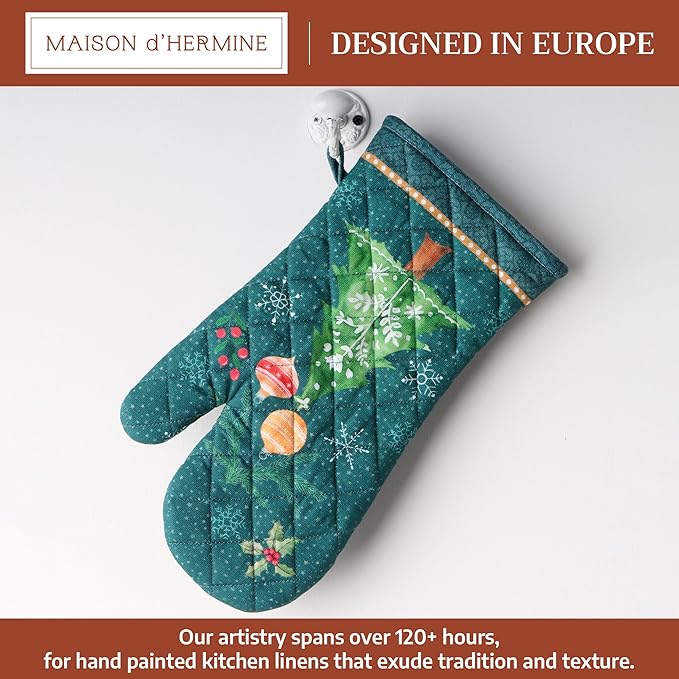 Maison d' Hermine Oven Gloves 100% Cotton Oven Mitt 7" x 13" with Loop Heat Resistant BBQ Cooking Gloves for Thanksgiving Christmas Decorations Baking Handling Hot Pans (Pack of 1, Hygge Christmas)