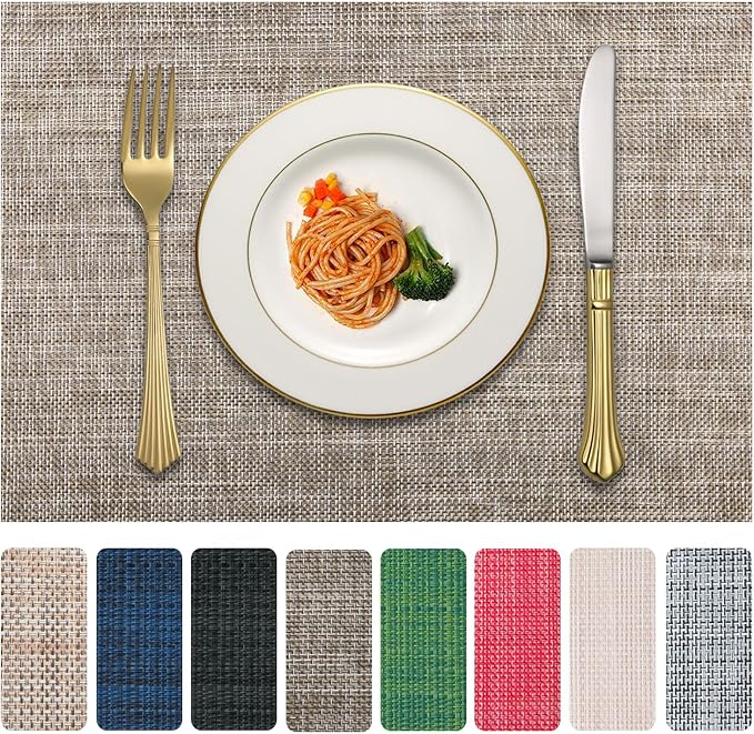 Vinyl Placemats Set of 4, PVC Woven Washable Non-Slip Table Mats, Heat Resistant Wrinkle Free Place Mats for Dining Table, Easy to Clean (4, Cappuccino)